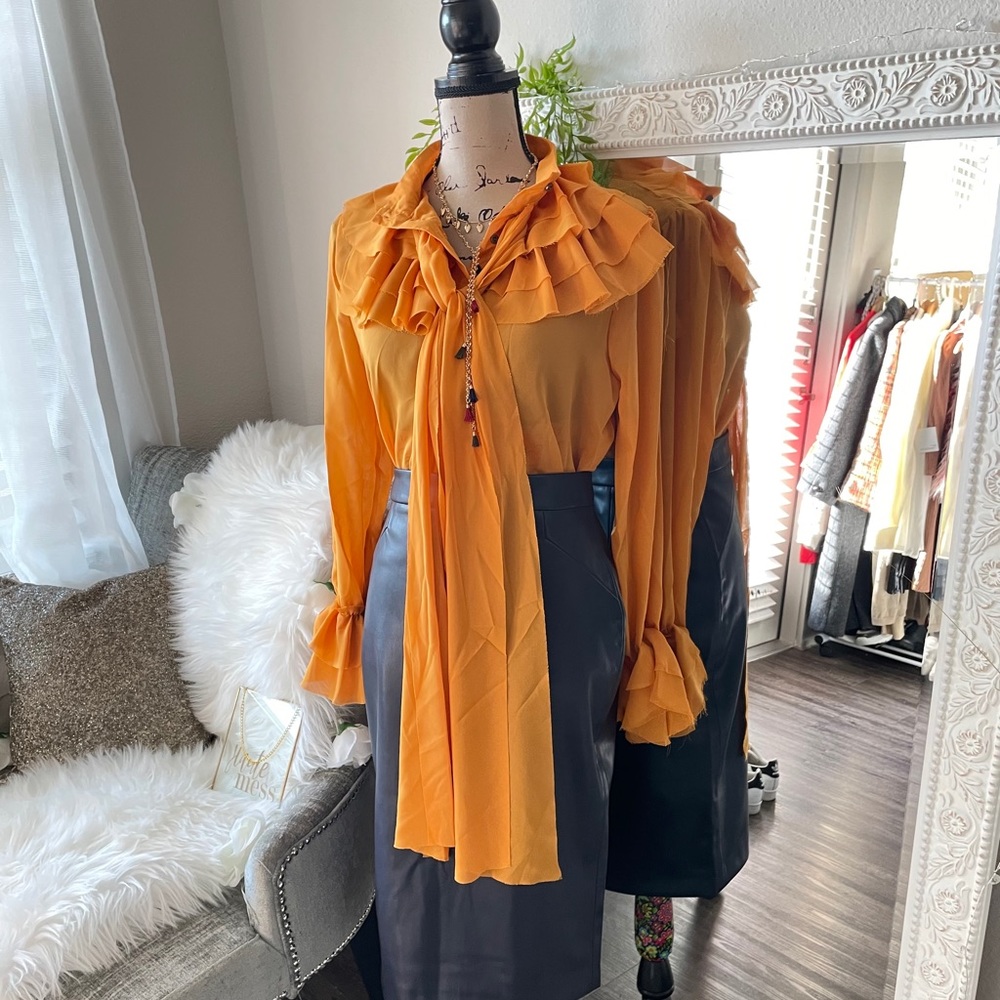 Sheer Button Front Bow Blouse Small - image 4